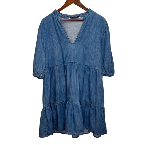 Zara Tiered Denim Mini Dress Loose Flowy Minimalist Feminine Ruffles Size XL - Picture 3 of 9